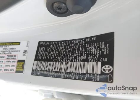 2021 Toyota Corolla Le z USA, uszkodzony, nr VIN 5YFEPMAEXMP186337